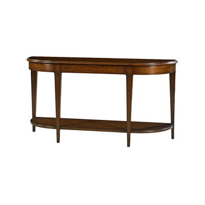Dark wood console table front angled view.