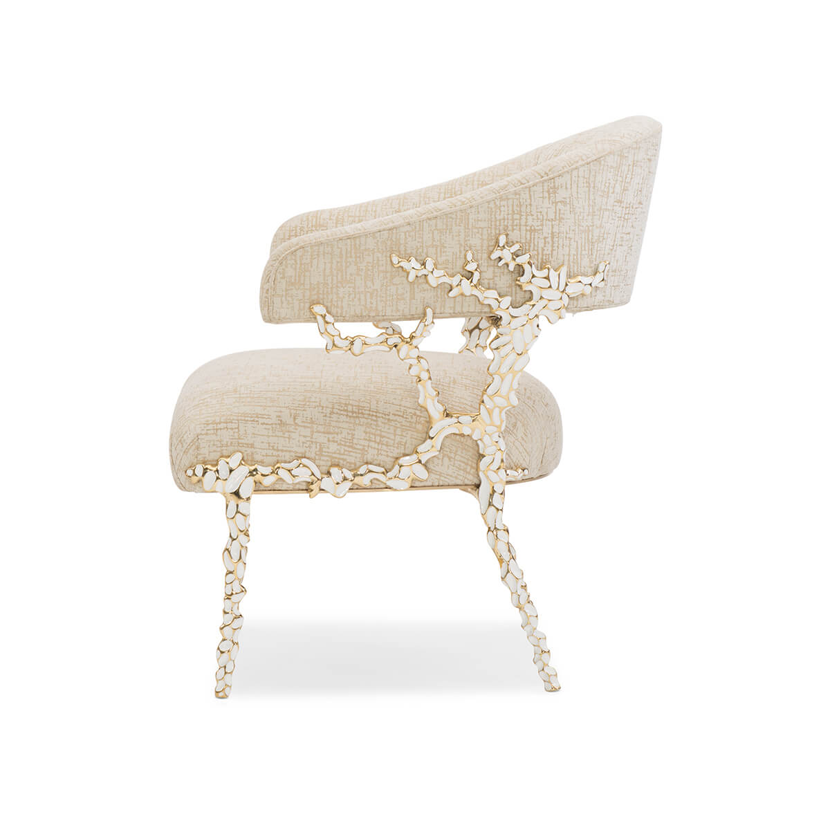 Side profile of beige modern accent chair, detailed frame.