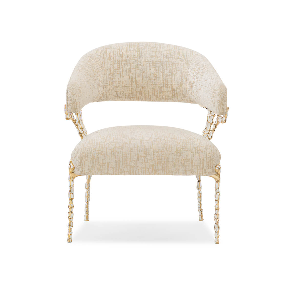 Front view of beige modern accent chair, elegant design.