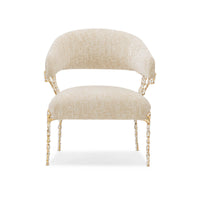 Front view of beige modern accent chair, elegant design.