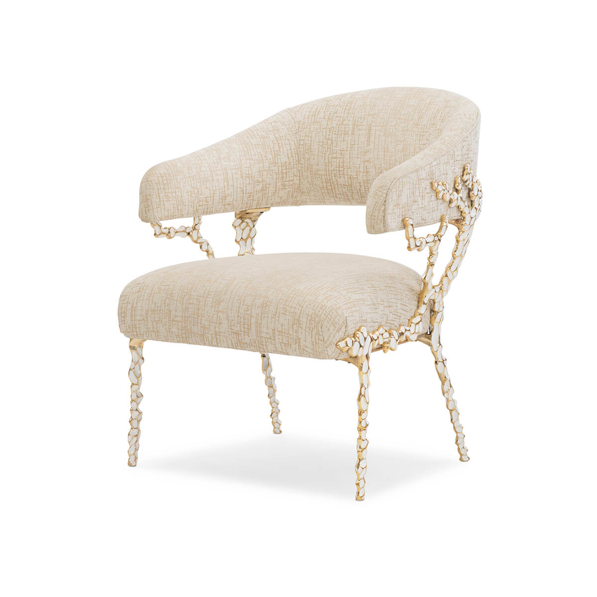 Beige modern accent chair with textured fabric, angled view.