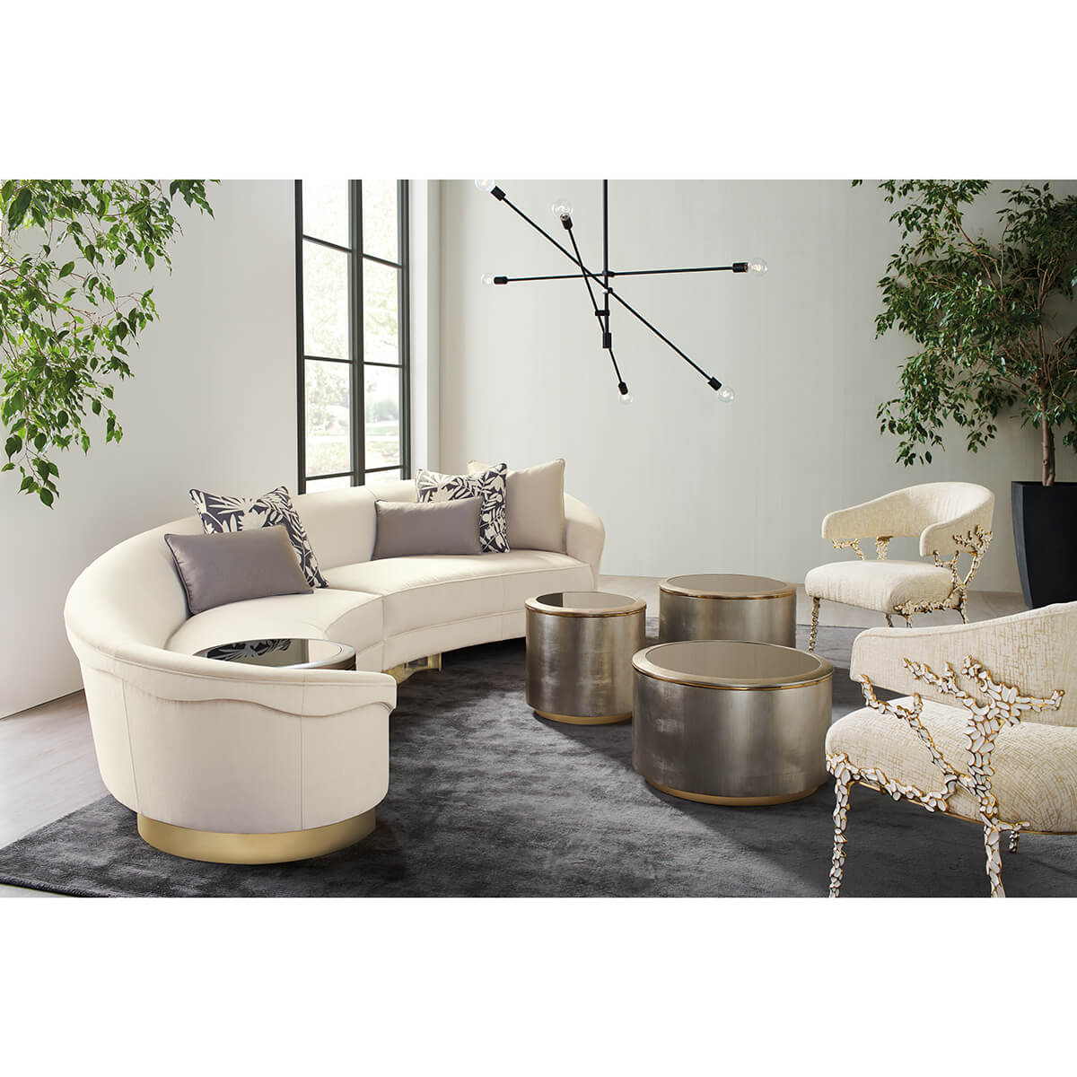 Living room setting with modern accent chair, plush interior.