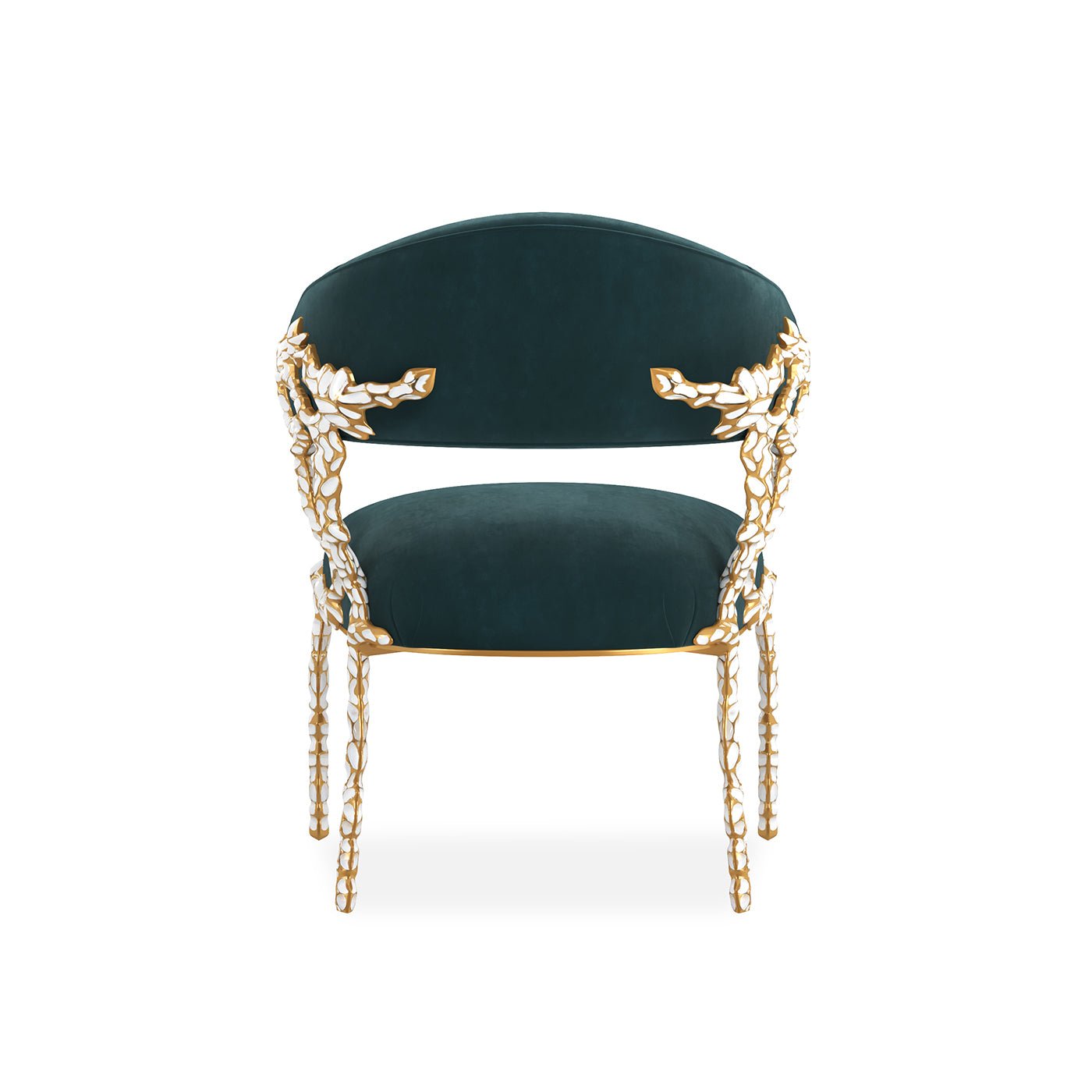 Modern blue velvet chair back view highlighting decorative backrest.