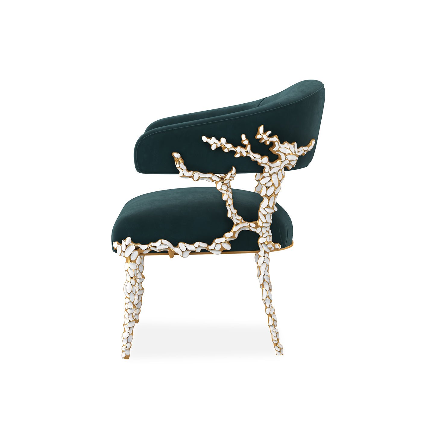 Modern blue velvet chair side view with intricate frame.