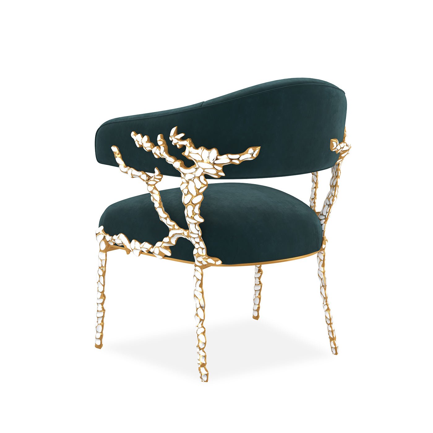 Modern blue velvet chair rear view with unique detailing.