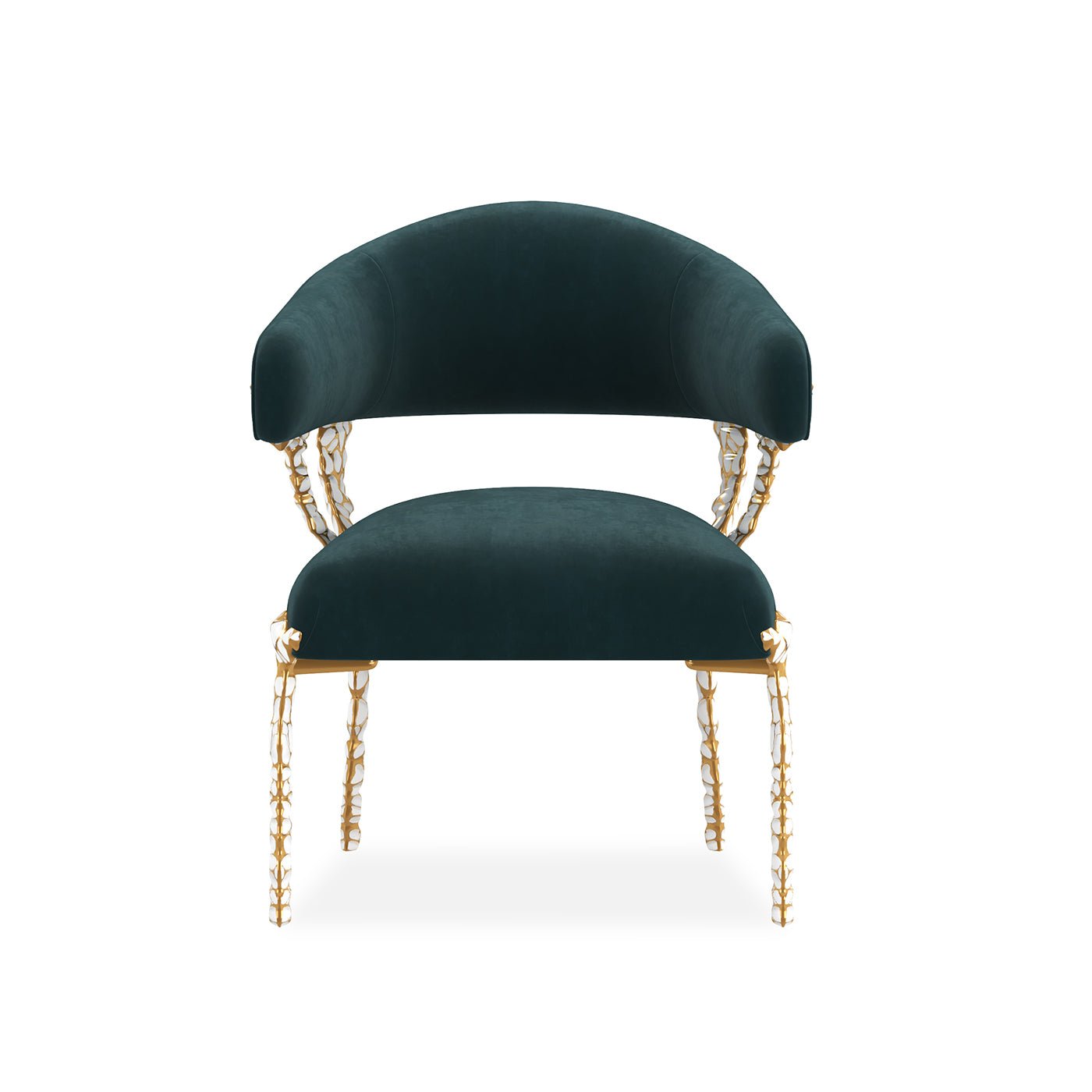 Modern blue velvet chair front view showcasing smooth curves.