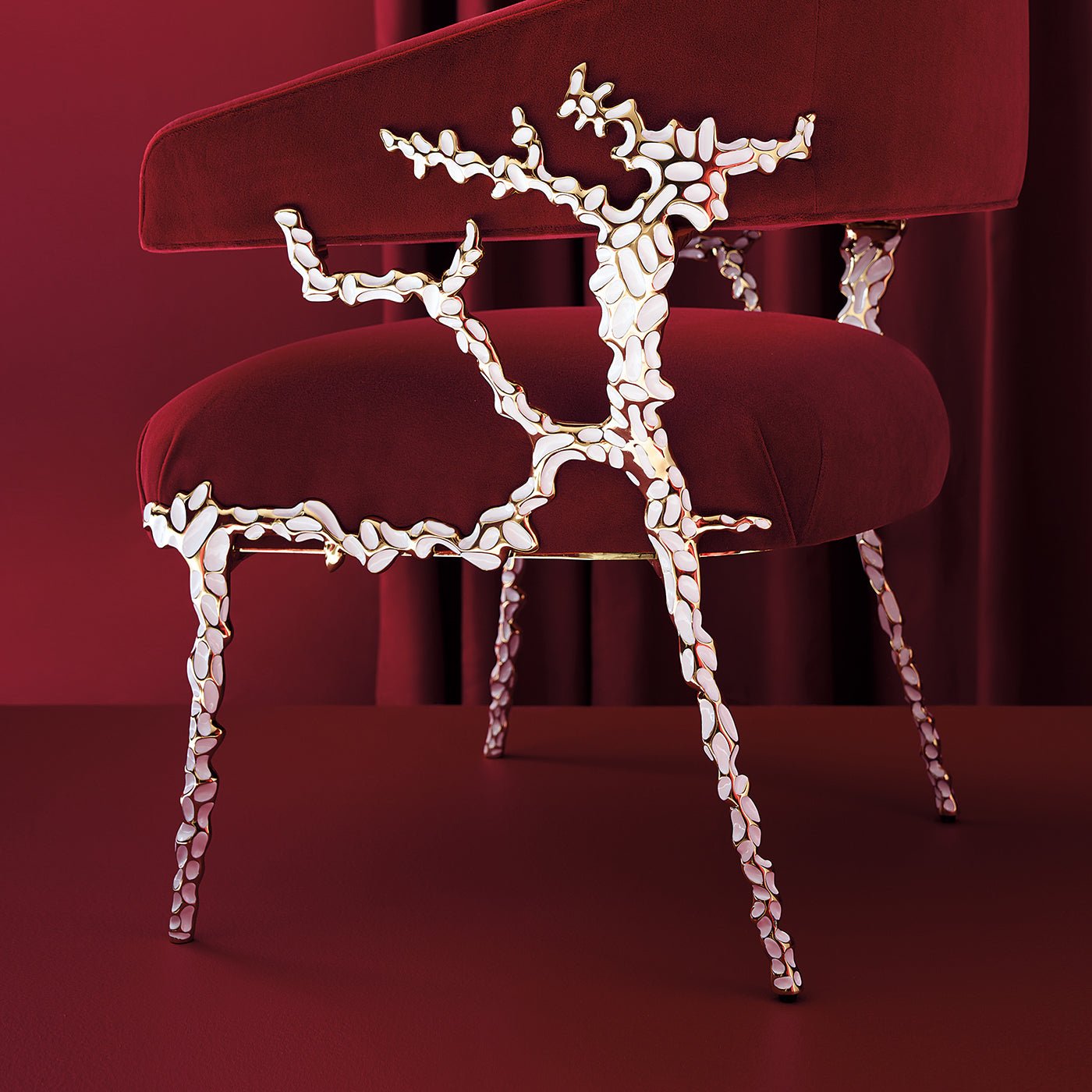 Close-up of chair's intricate leg detail, unique aesthetic.