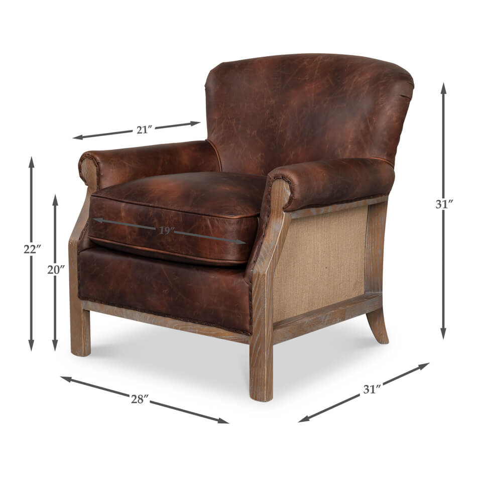 Leather club chair with dimensions, front angle view.