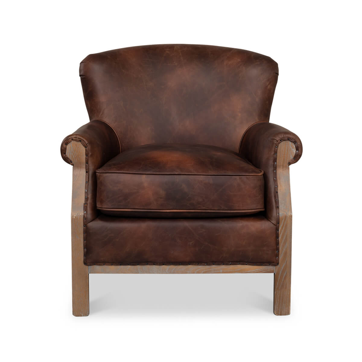 Dark leather club chair shown from front view.