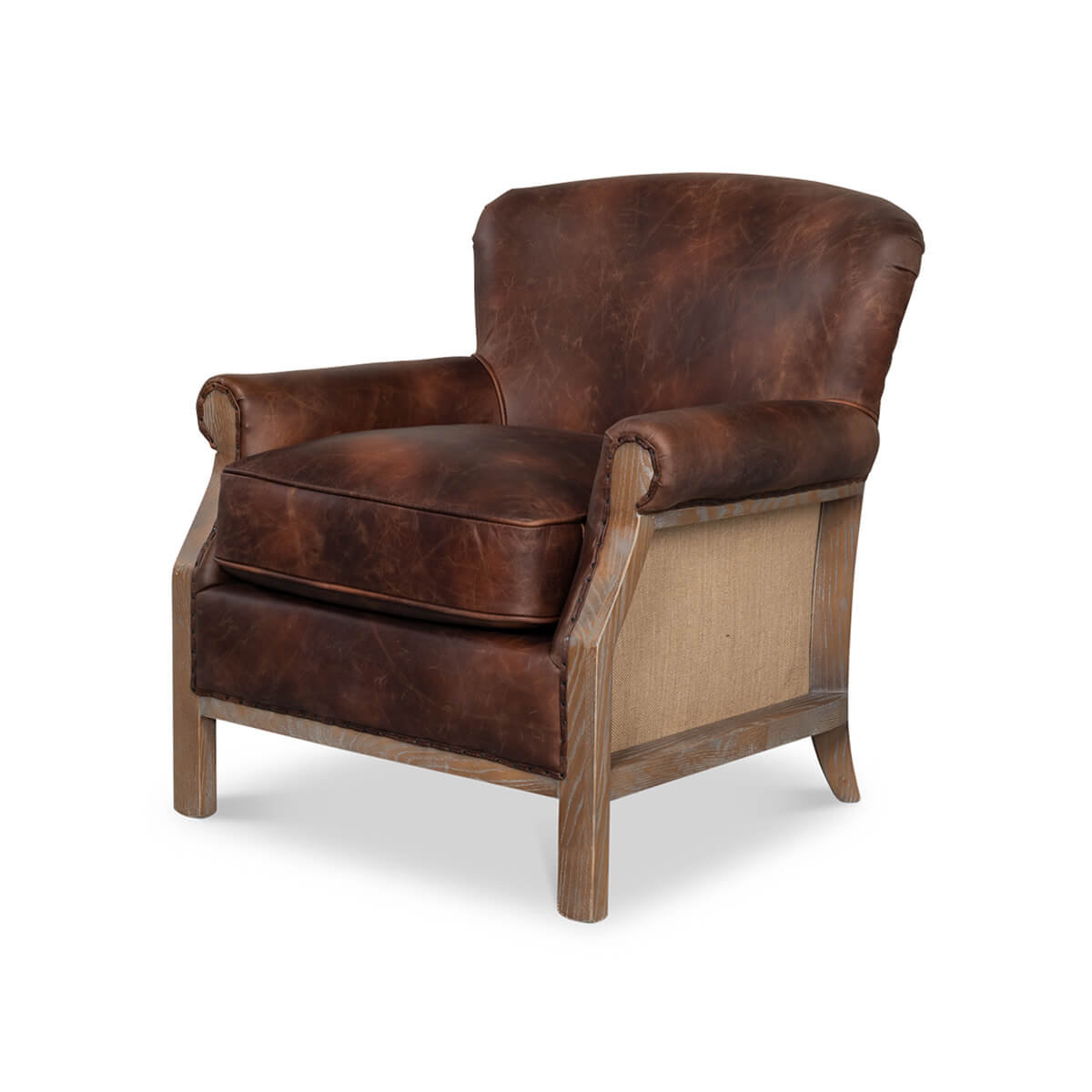 Dark leather club chair with wooden frame, front angle.