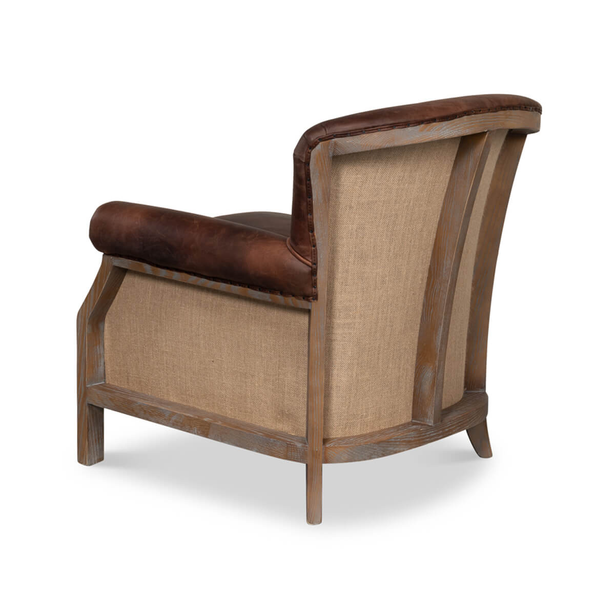 Rear side angle of leather club chair.