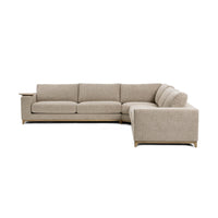 Opposite front-angle view of beige sectional showing its long seating run and square arm