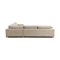 Rear view of beige sectional with upholstered back panels and exposed wood base