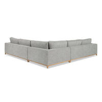Rear-angle view of gray sectional showing its upholstered back panels and exposed wood base