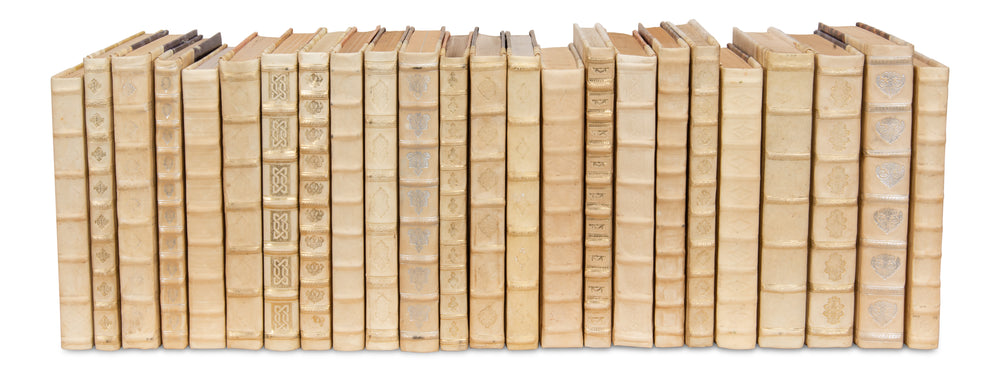 Leather Bound Ivory Book Set with Decorated Spines, Set of 24