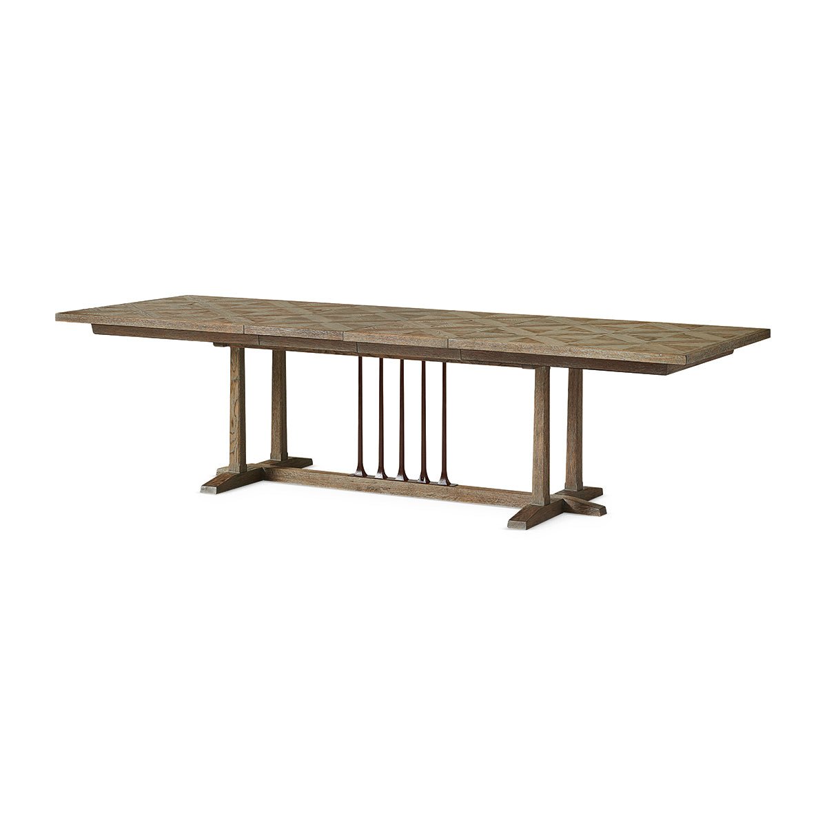 Dining table, side view with extended leaves.