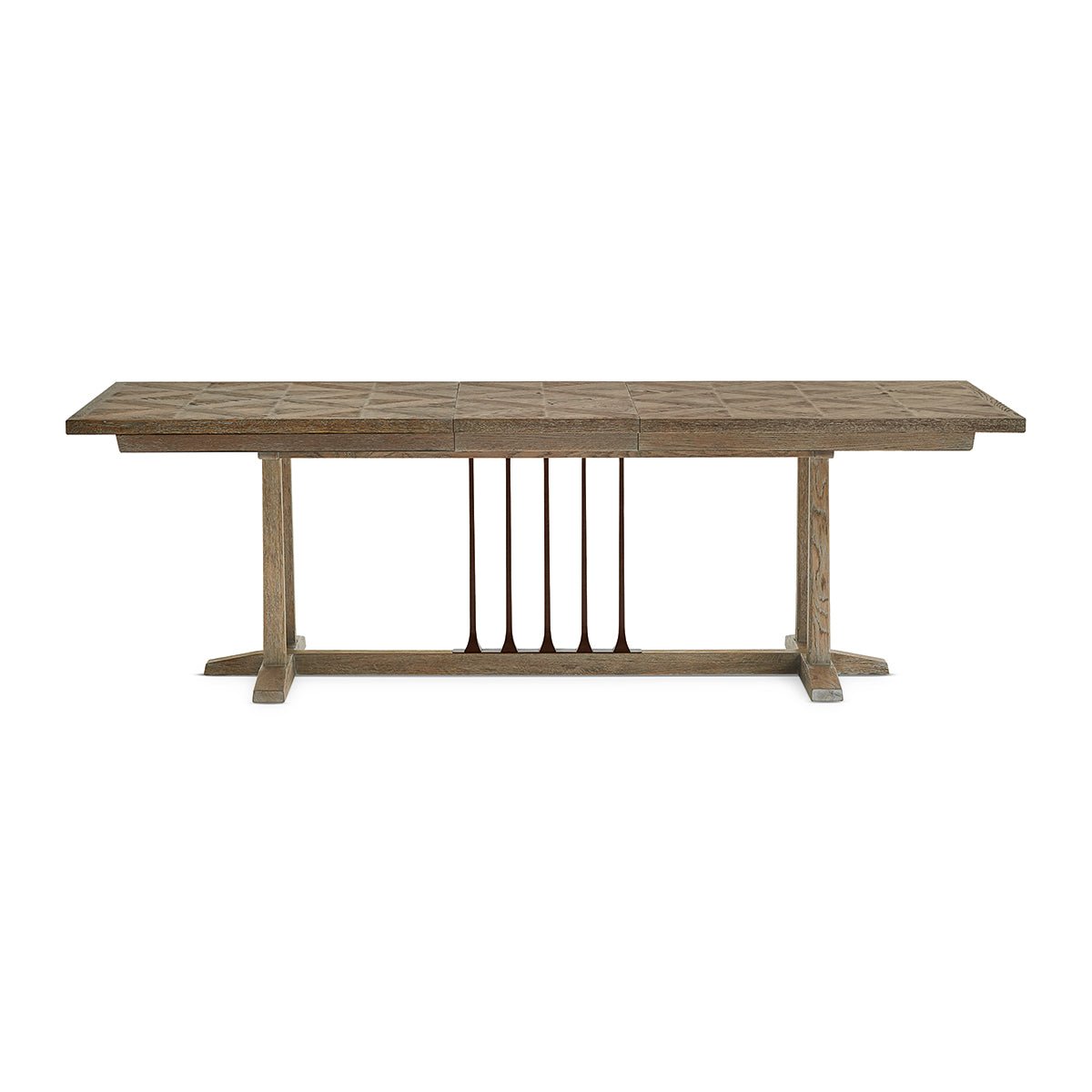 Dining table, front view with extended leaves.