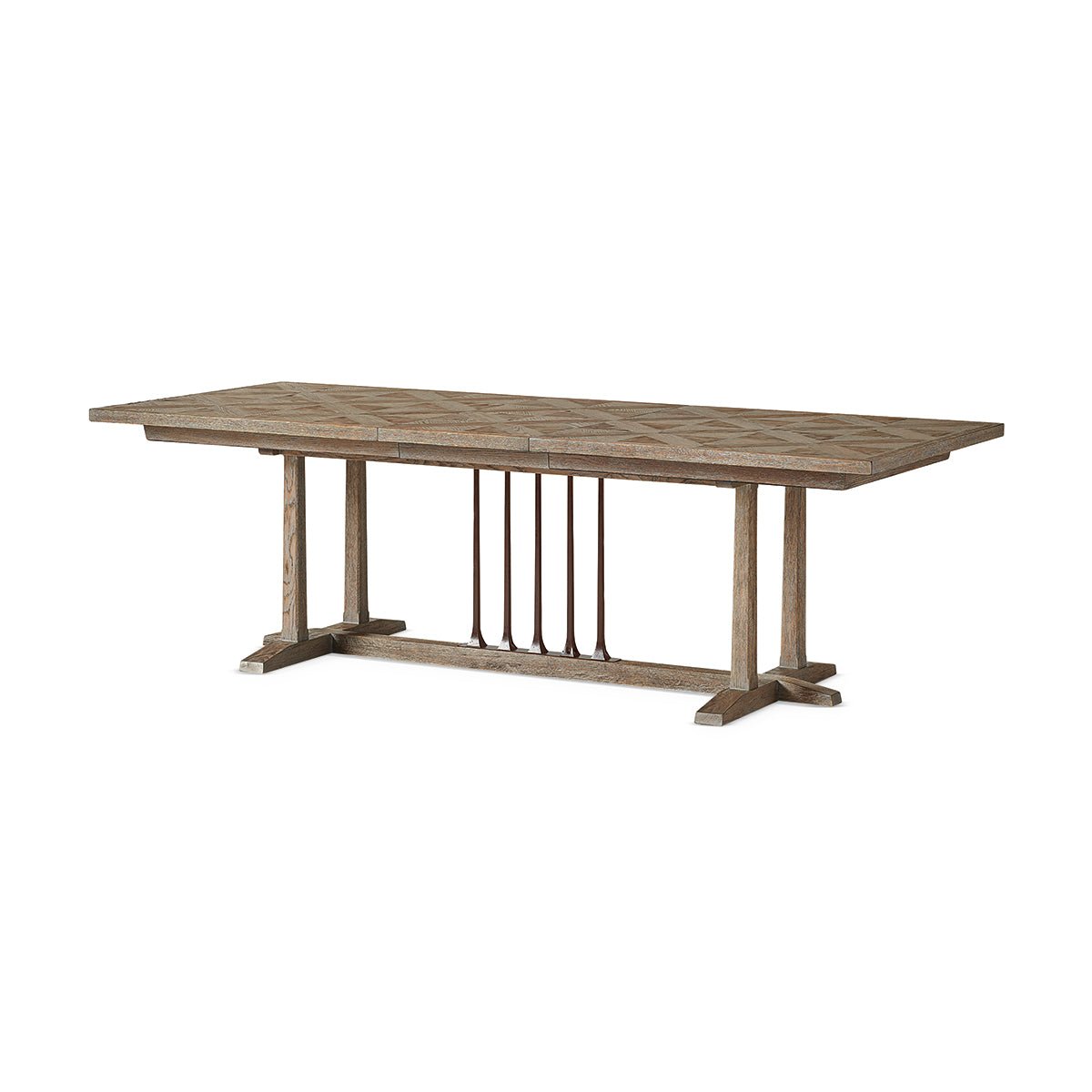 Dining table, angled view with extended leaves.