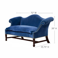 Blue camelback sofa dimensions and details display.