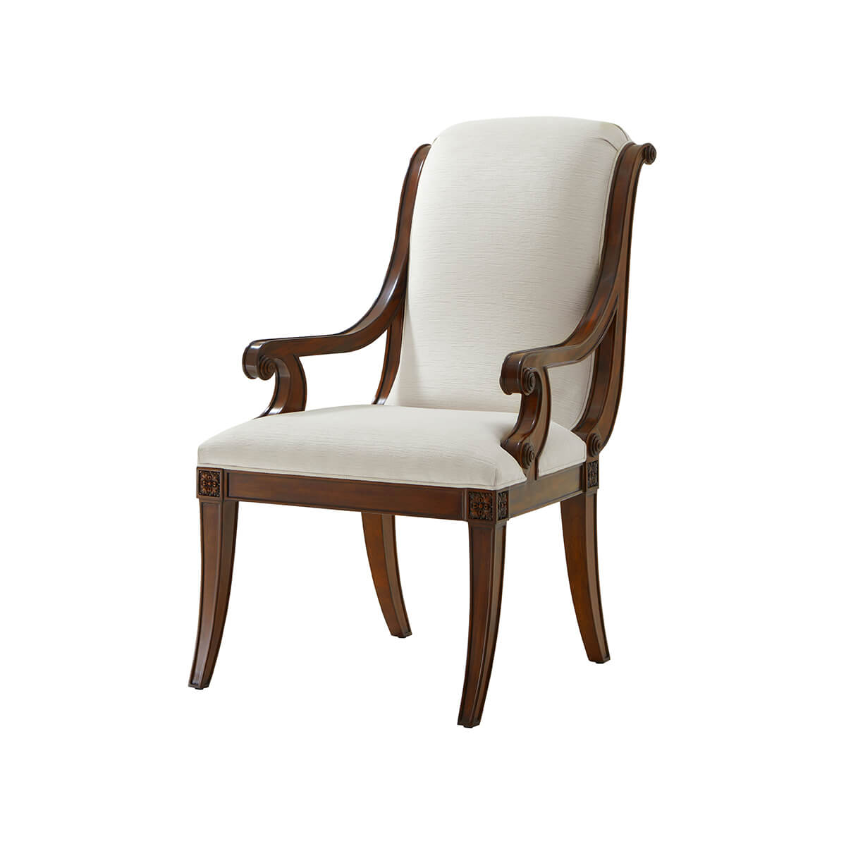 Front view of white upholstered Directoire armchair with wood frame.