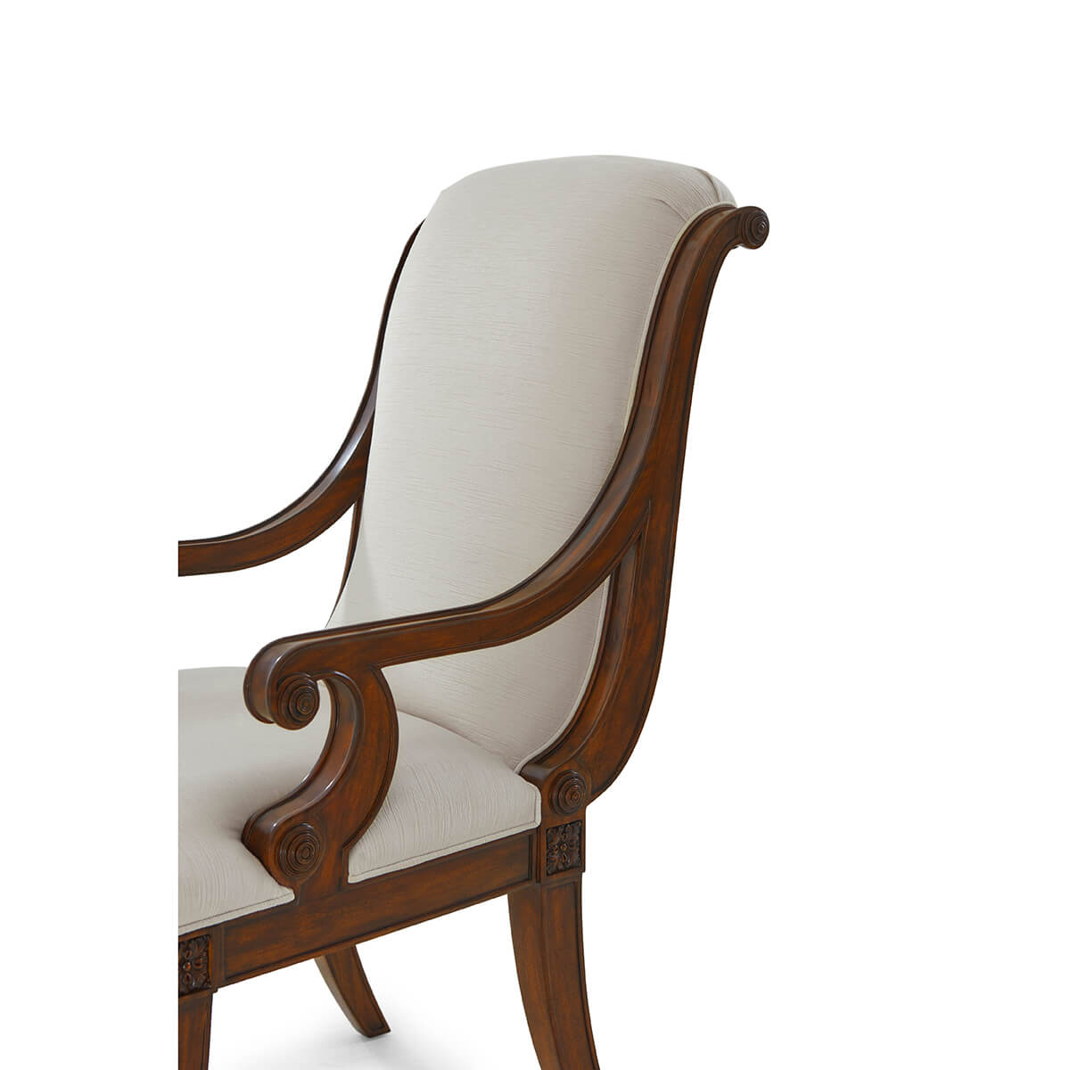 Close-up of arm and backrest on Directoire armchair.