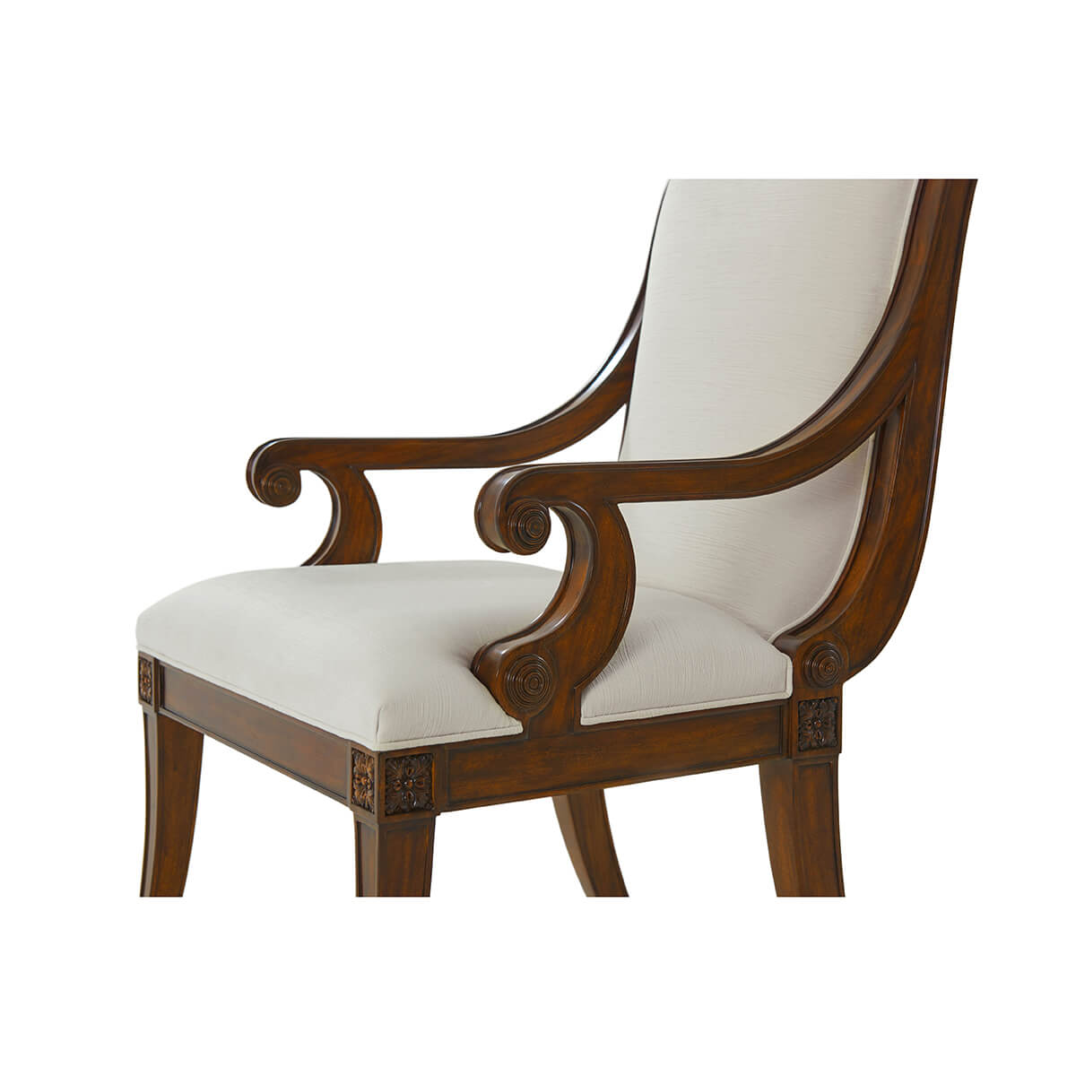 Detailed view of armrest design on Directoire armchair.