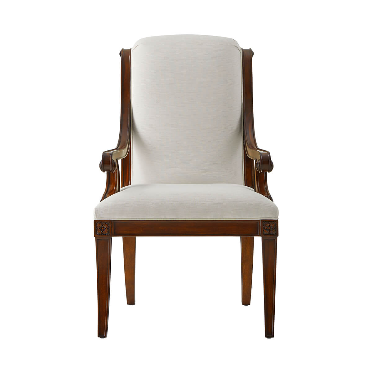 Directoire armchair, front focus on elegant design and upholstery.