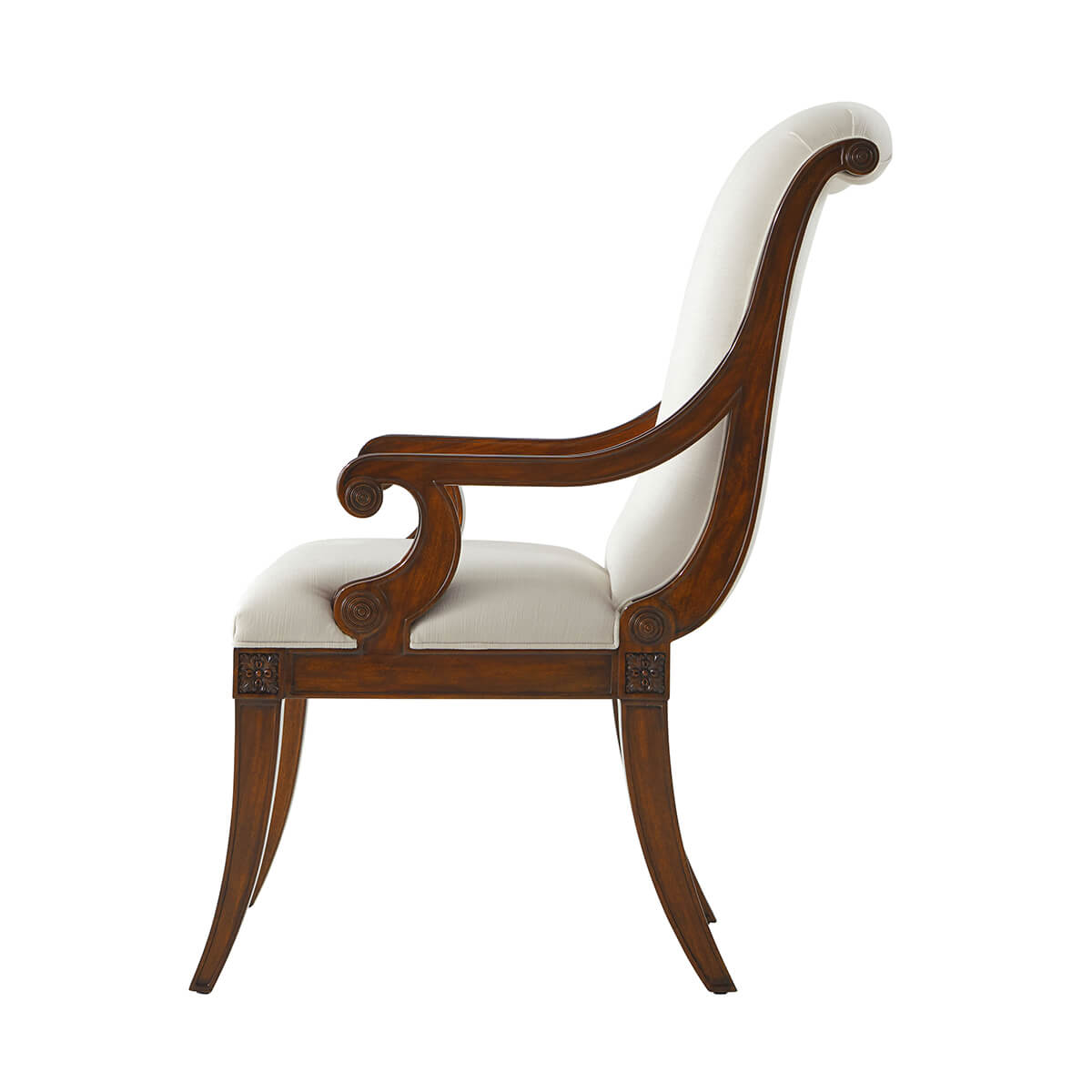 Directoire armchair, side view highlighting curved wooden armrests.