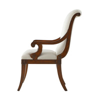 Directoire armchair, side view highlighting curved wooden armrests.
