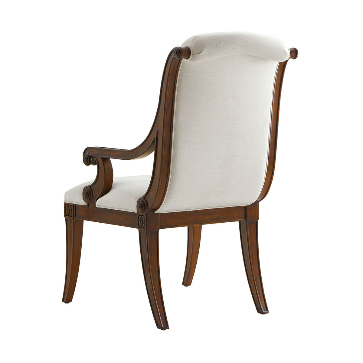 Back view of Directoire armchair, white upholstery, wooden details.