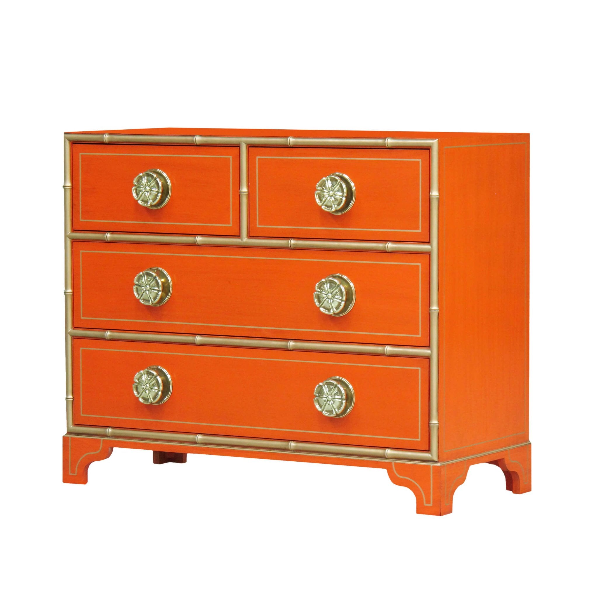Orange dresser with gold accents and ornate knobs.