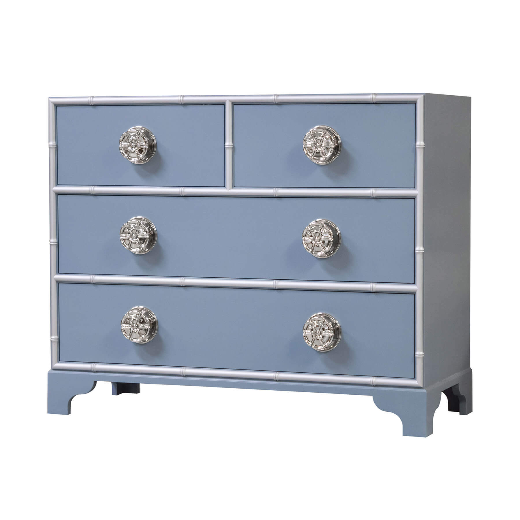 Slate blue dresser with silver accents and ornate knobs.