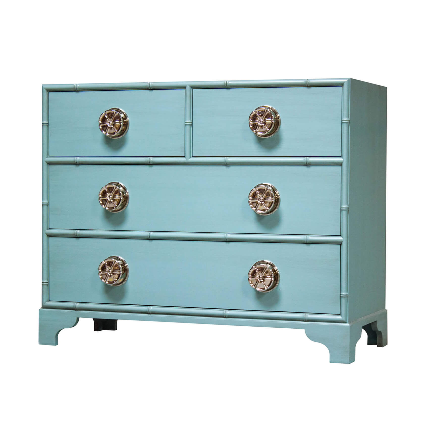 Light blue dresser with matching knobs and accents.