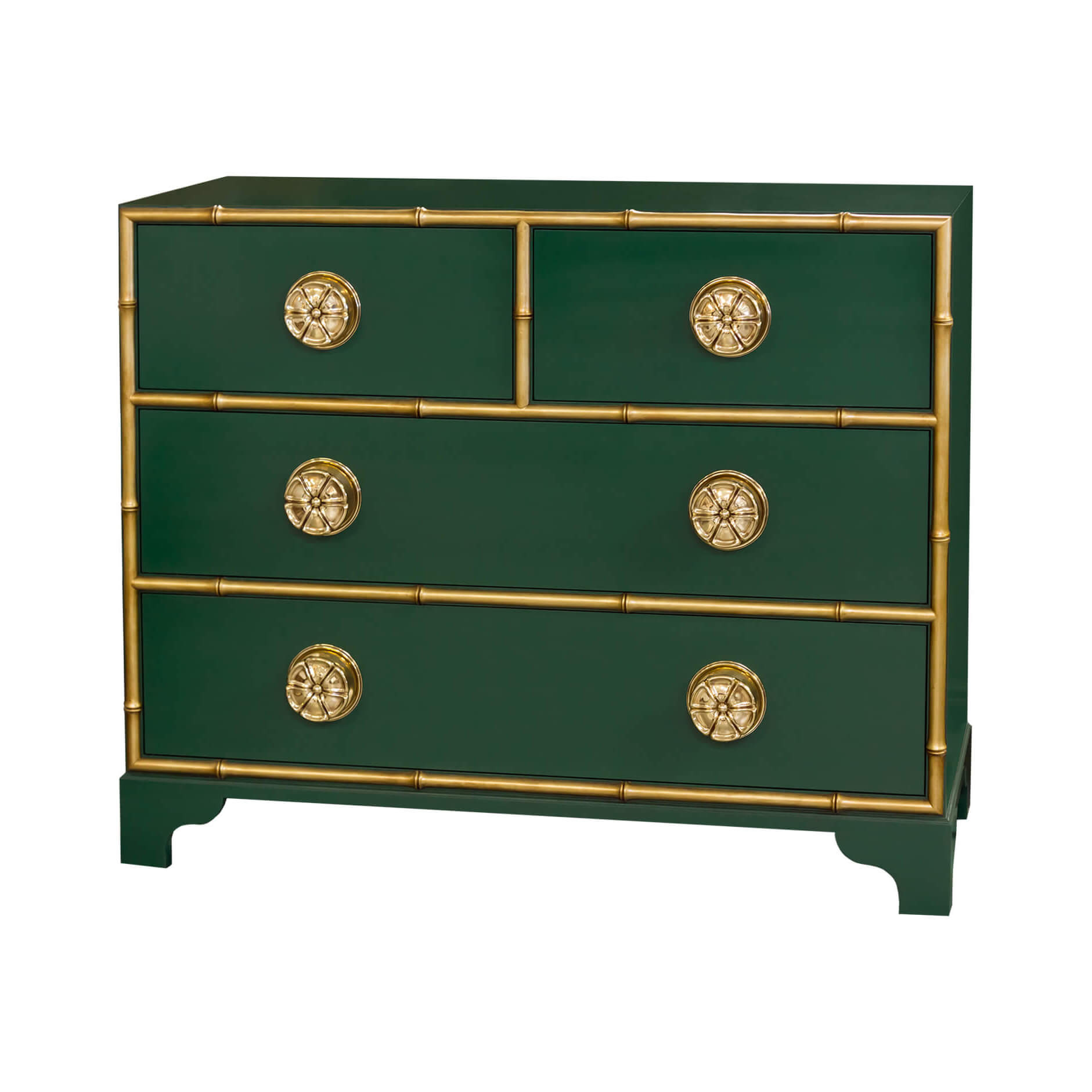 Dark green dresser with gold accents and ornate knobs.