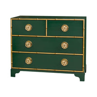 Dark green dresser with gold accents and ornate knobs.