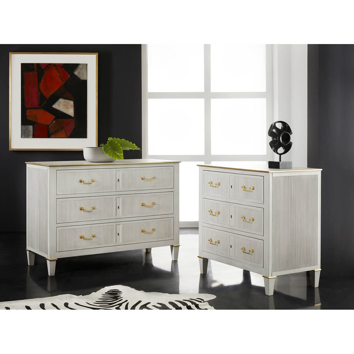 Two painted bedside chests in modern living room.