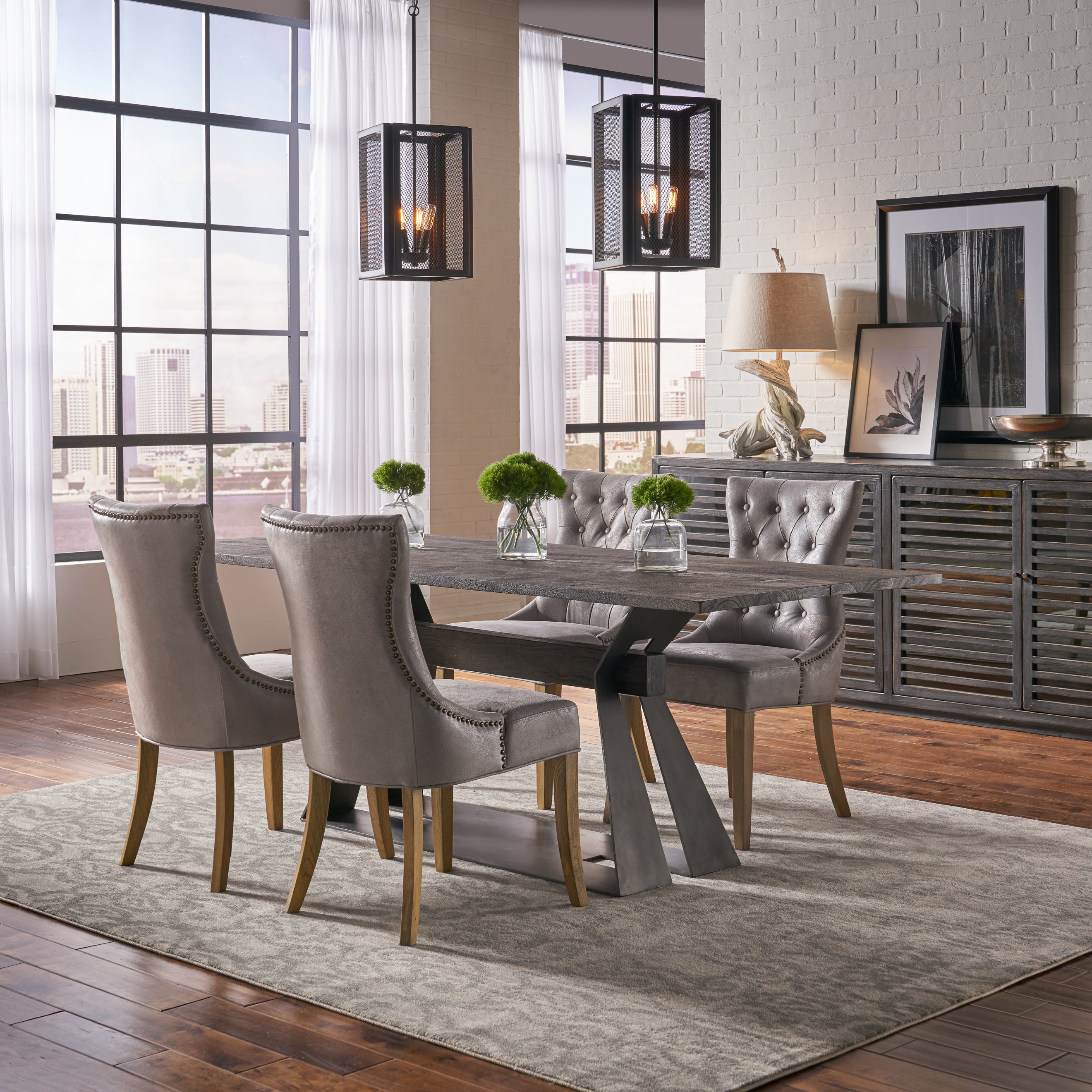 Tufted Dining Chairs in Gray Leather, Sets of 2 - view 7