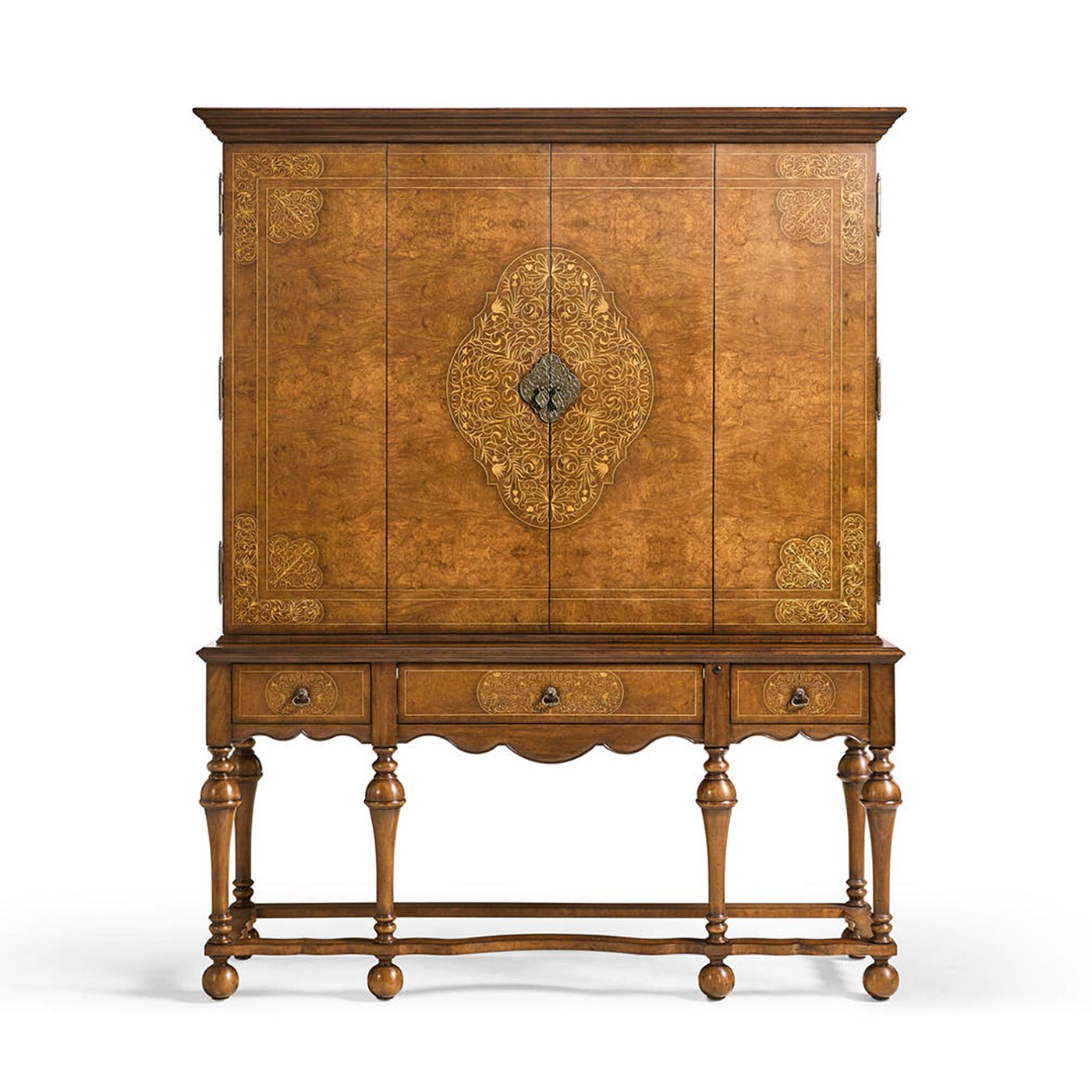Center view, intricate details on antique style TV cabinet.