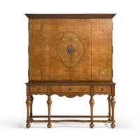 Center view, intricate details on antique style TV cabinet.