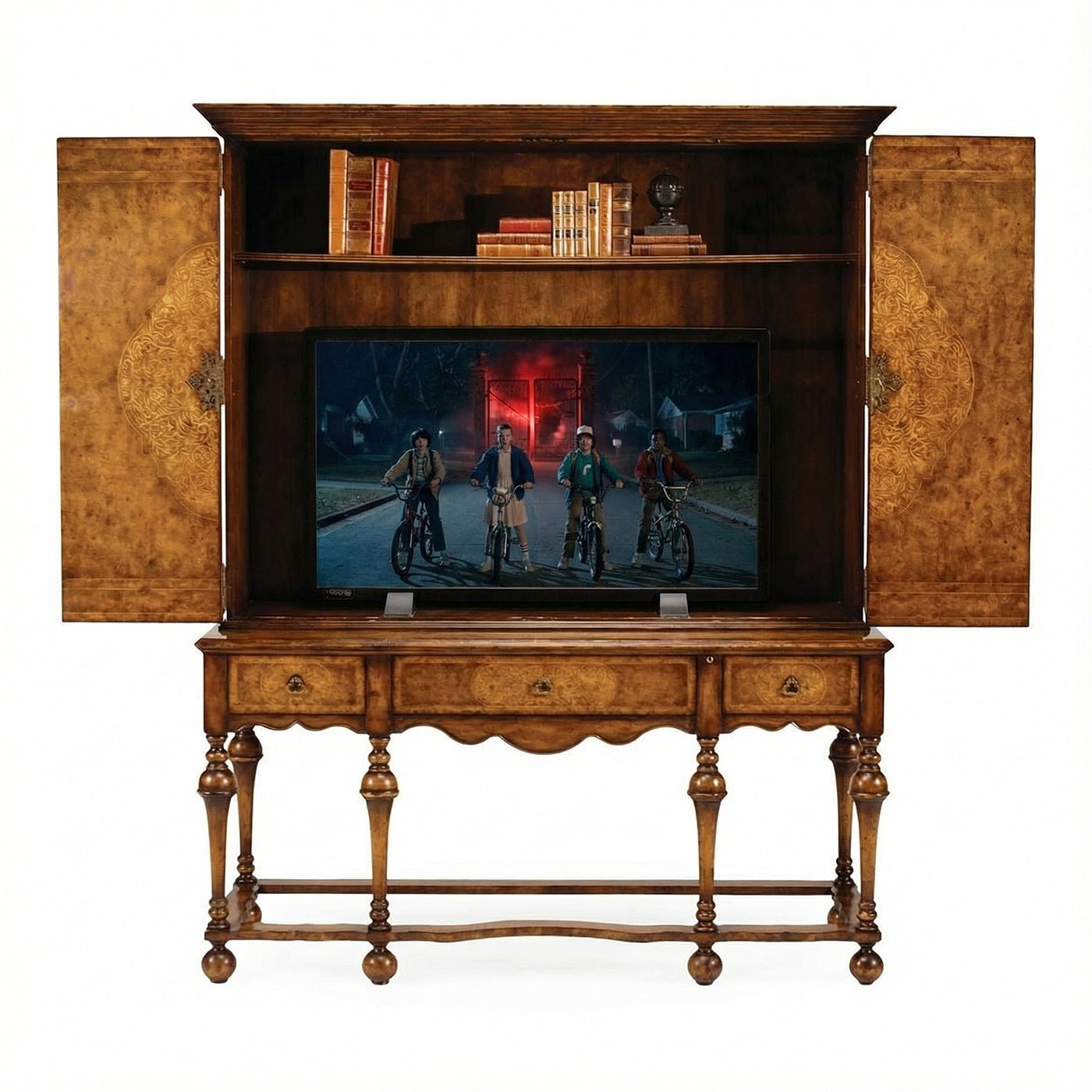 Antique style TV cabinet open with TV inside.