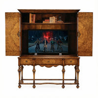 Antique style TV cabinet open with TV inside.