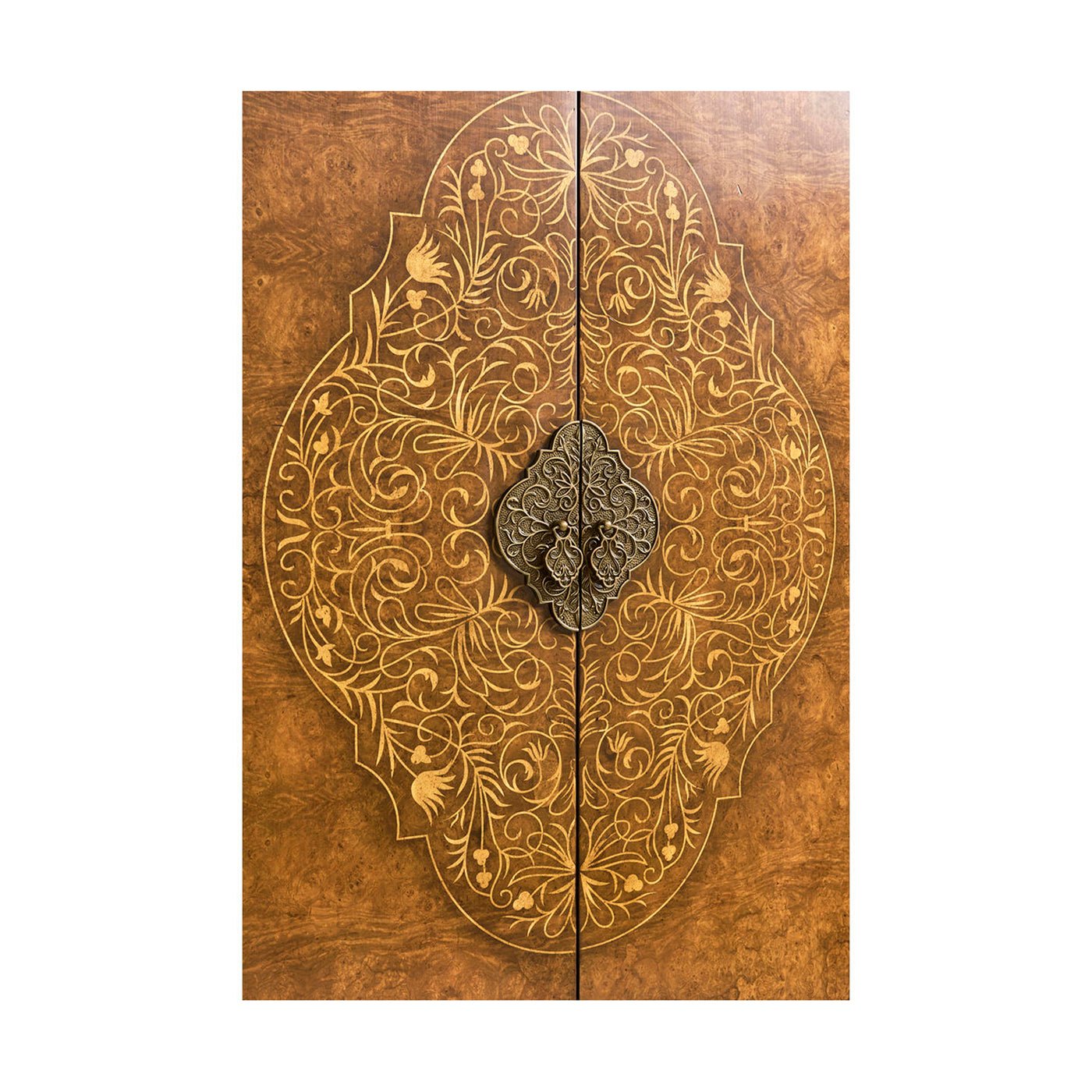 Engraved central design on antique style TV cabinet doors.