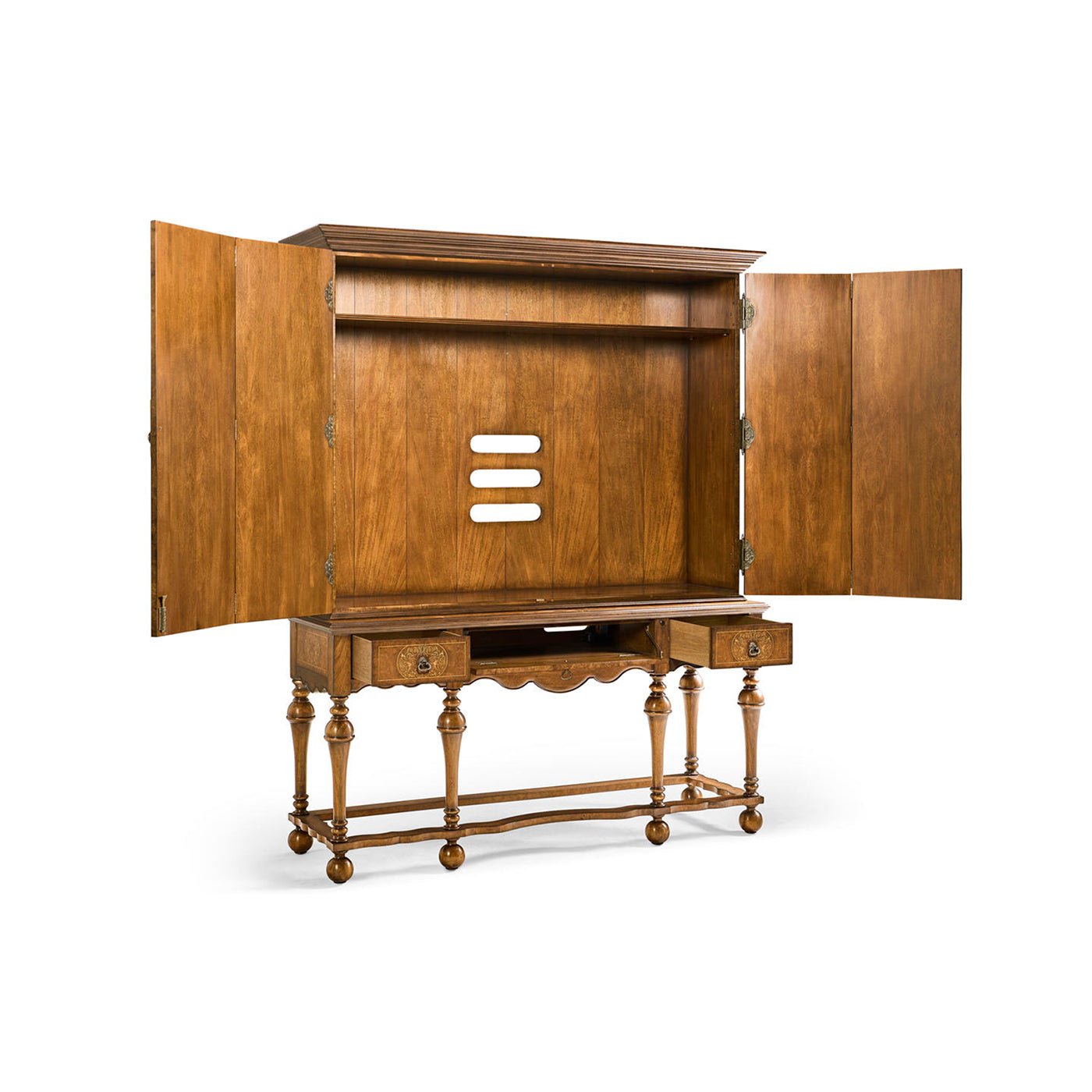 Open antique style TV cabinet, no TV inside.