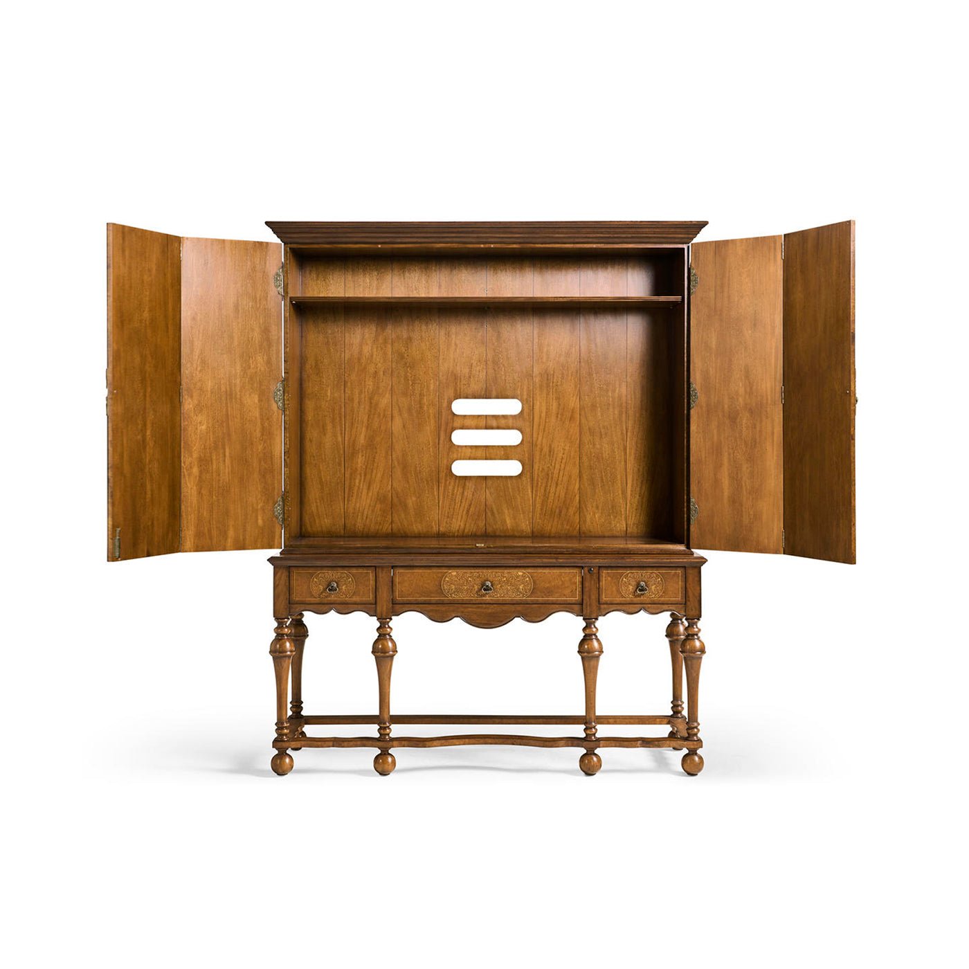 Open TV cabinet interior, shelves visible.