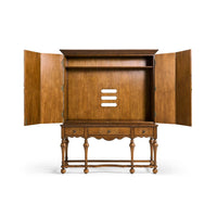 Open TV cabinet interior, shelves visible.