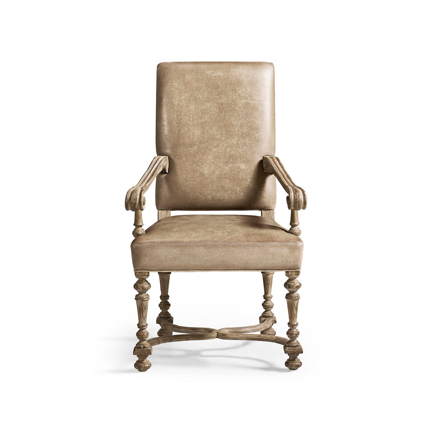 Front view of Early English leather armchair.