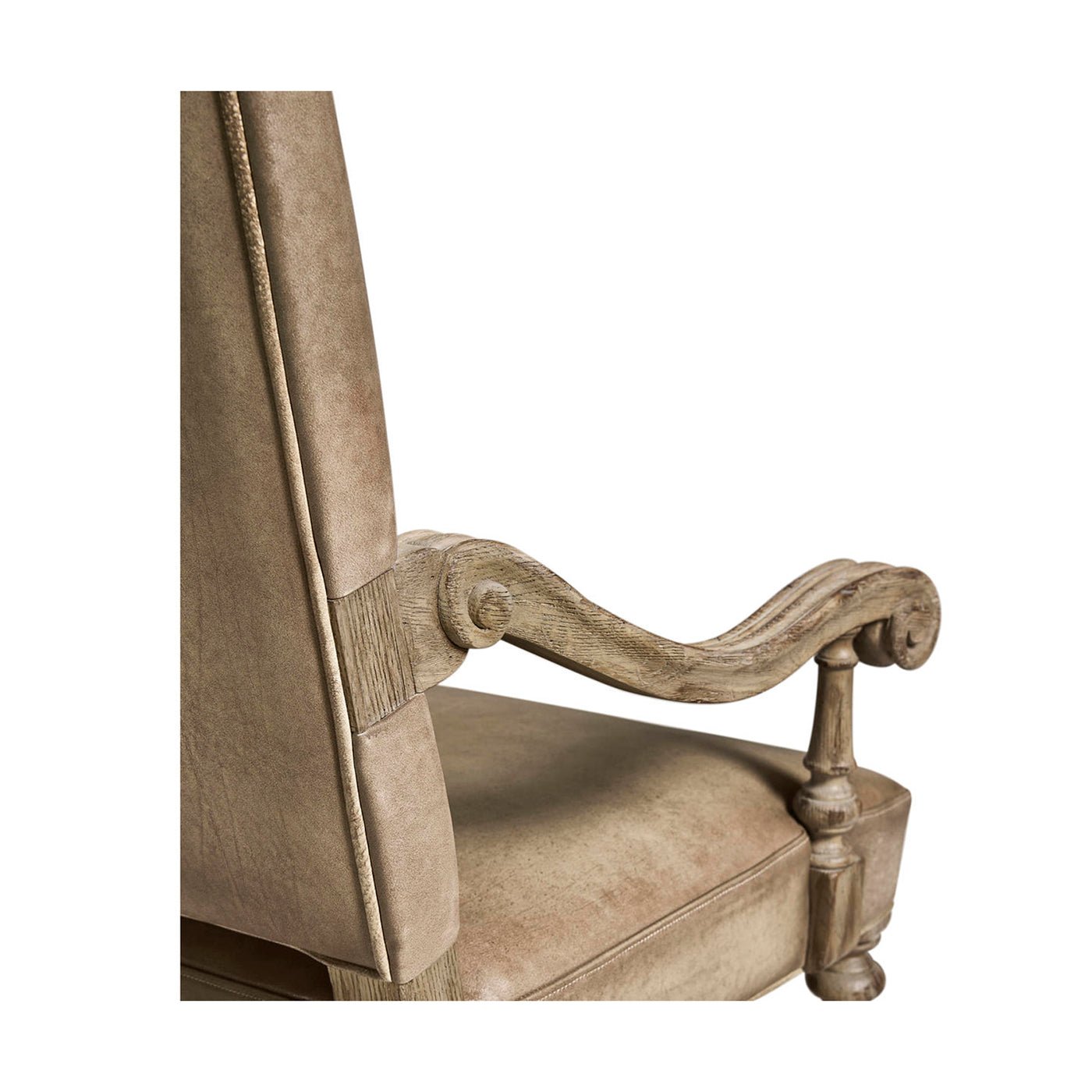 Detailed view of Early English armchair armrest.