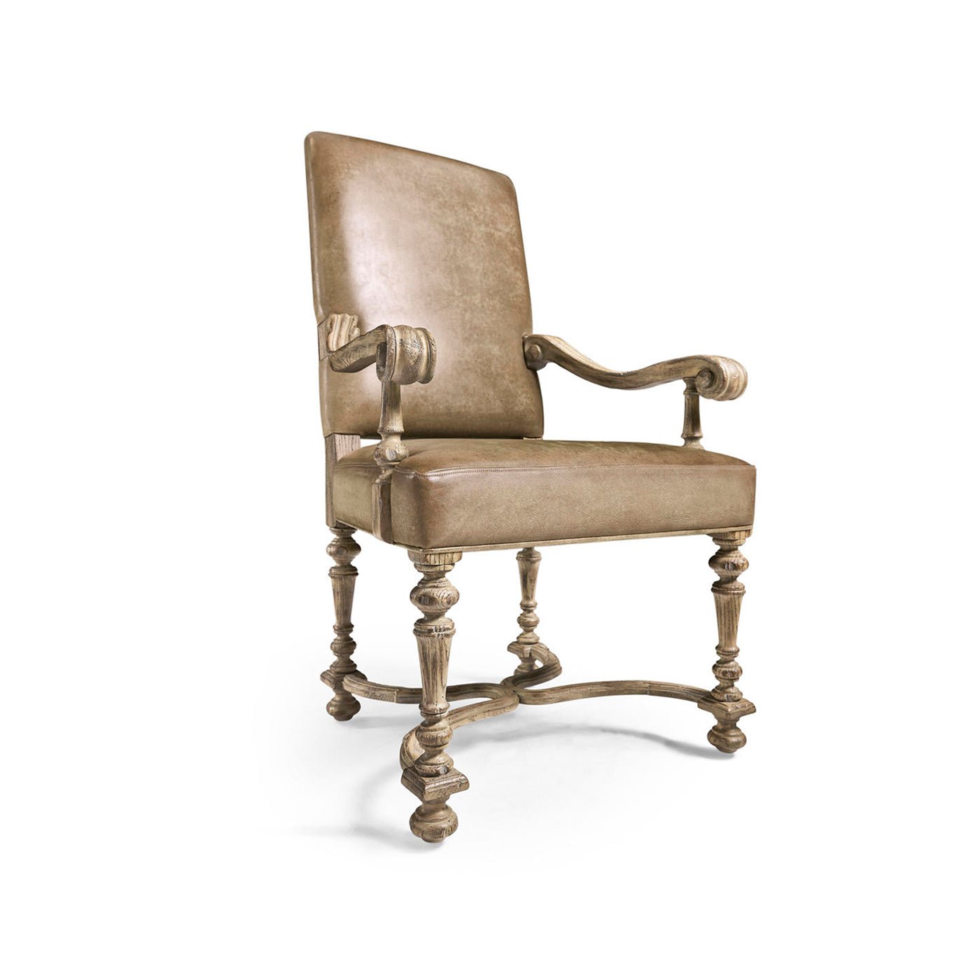 Angled view of Early English leather armchair.