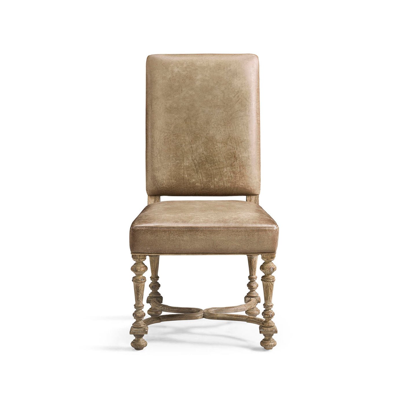 Early English leather chair, front view detailed.