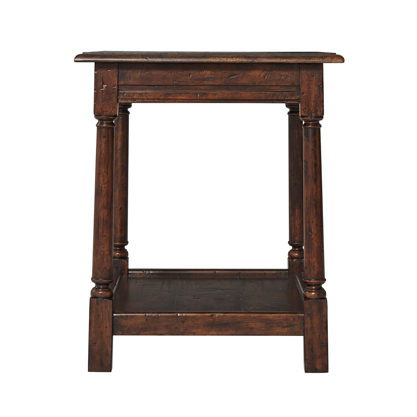 Early English side table, front view showing legs.